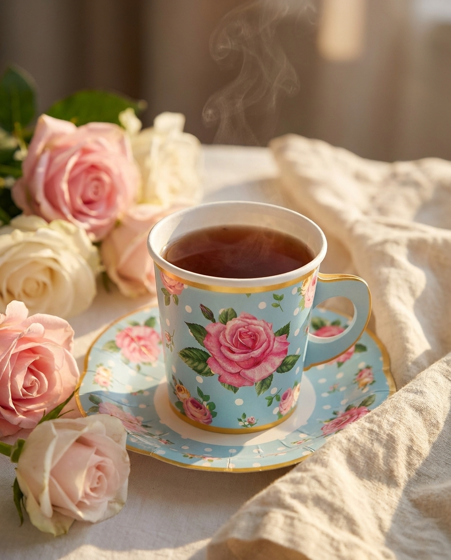 Close-up of colorful floral 6.5 oz paper tea cup with handle on saucer, warm golden hour light