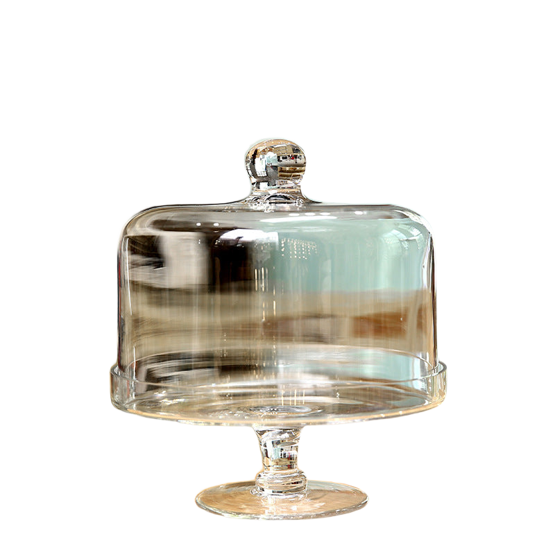 Glass pedestal cake stand with dome cover on white background — clean product packshot