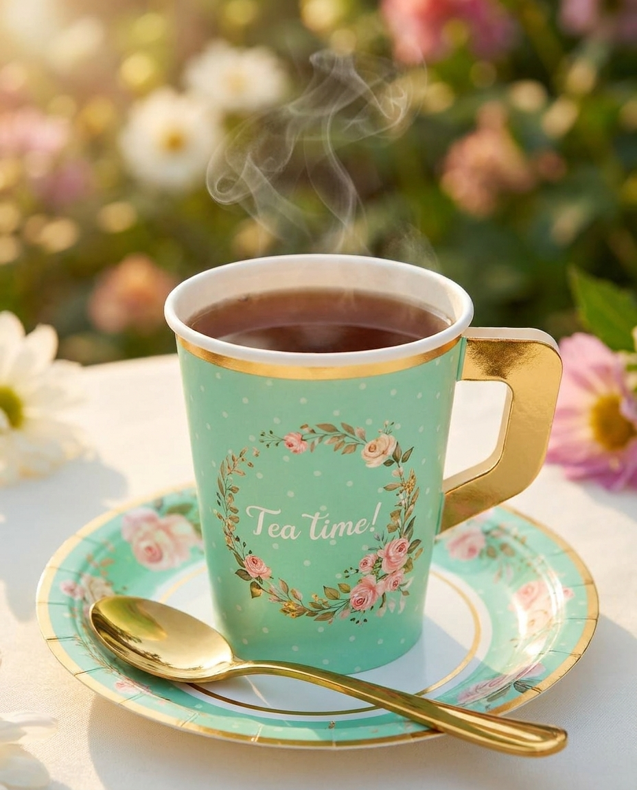 Close-up of floral paper tea cup with handle filled with hot tea on matching saucer with gold teaspoon