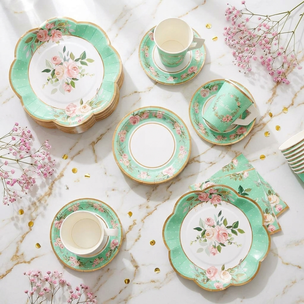 Flat-lay overhead of complete floral tea party set for 25 — all cups, plates, napkins arranged on white marble with florals