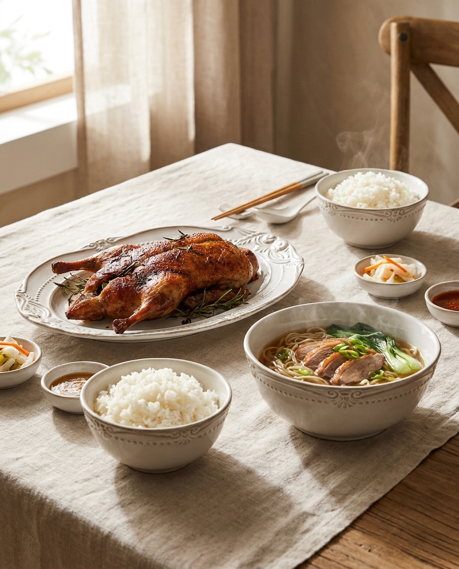 Chic Relief Ceramic Dining Set styled on rustic linen table with rice and roasted vegetables
