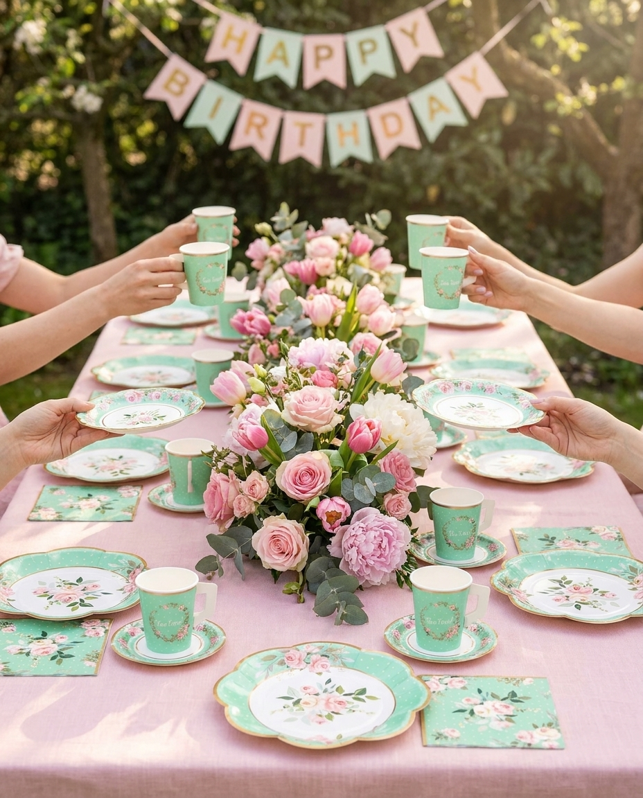 Garden tea party scene using floral disposable cups and plates for 25 guests, spring flowers centerpiece