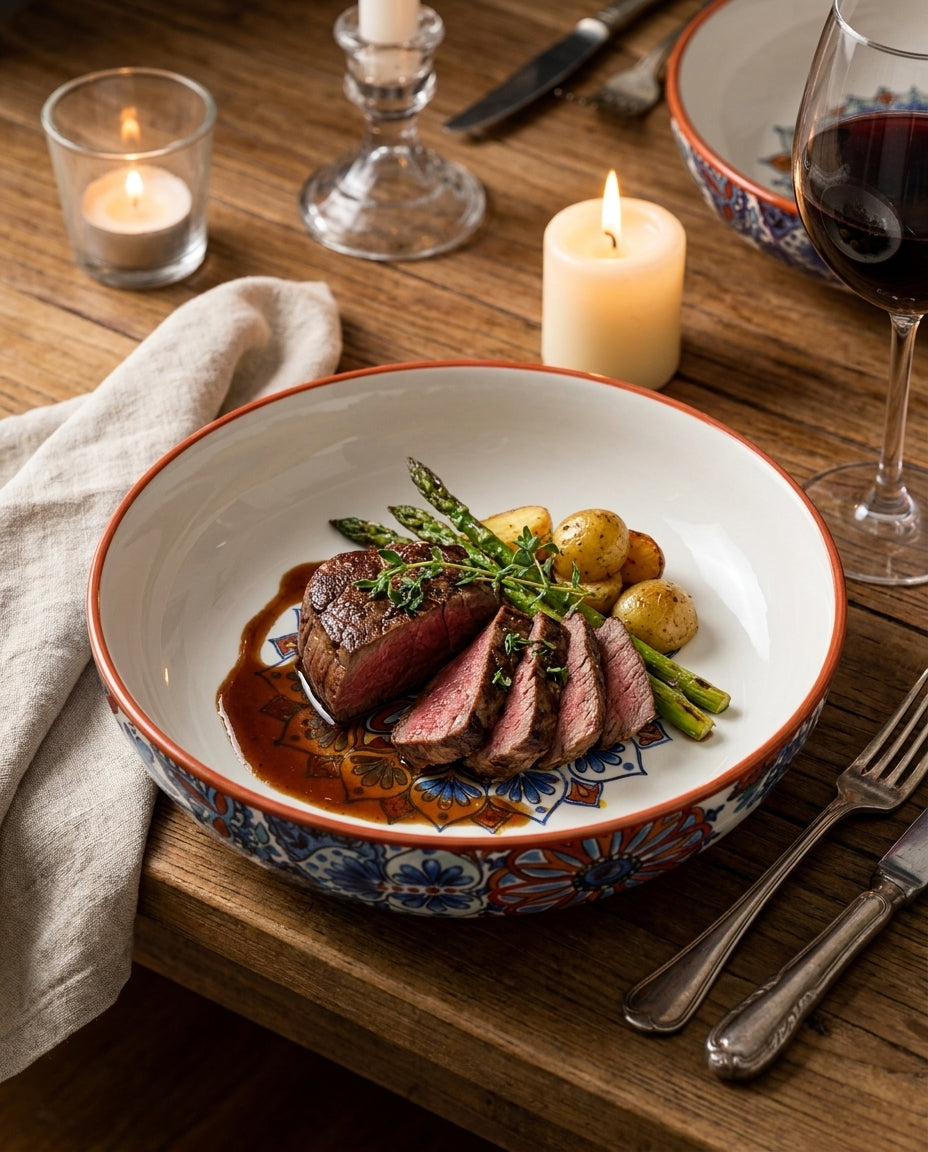 Butterfly underglaze ceramic plate set on warm wood table with steak dinner and candle ambiance