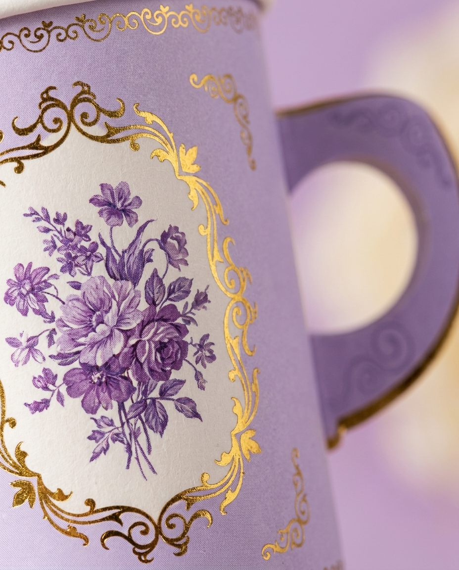 Close-up macro of purple floral print on disposable paper tea cup with handle