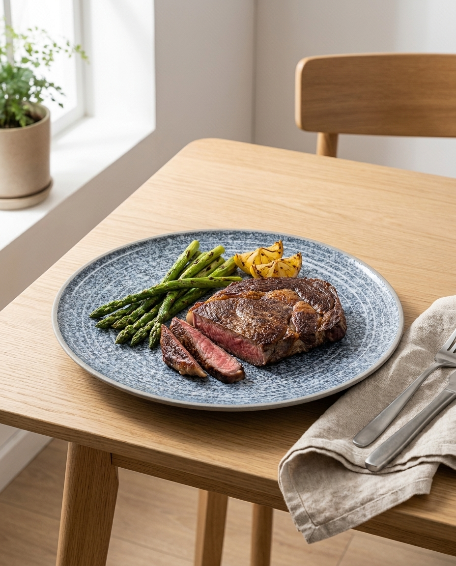 Nordic blue ceramic steak plate with ribeye and asparagus on Scandinavian dining table