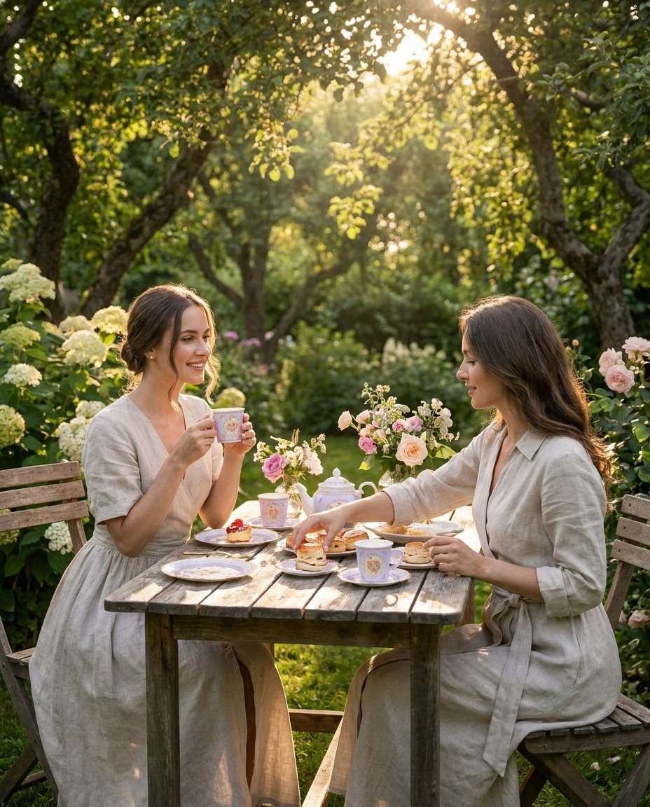 Two women enjoying afternoon tea using purple floral paper cups and plates at a garden table