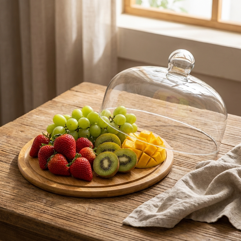 Glass dome fruit server with bamboo base displaying colorful fresh fruits — strawberries, grapes and kiwi