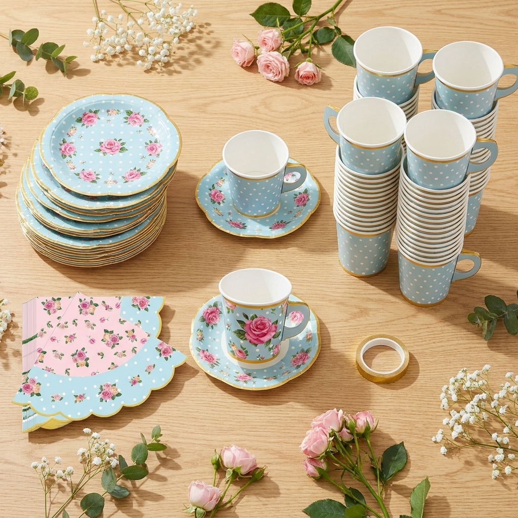 Flat-lay overhead of 36-piece floral tea cup and saucer set with napkins on light wood surface