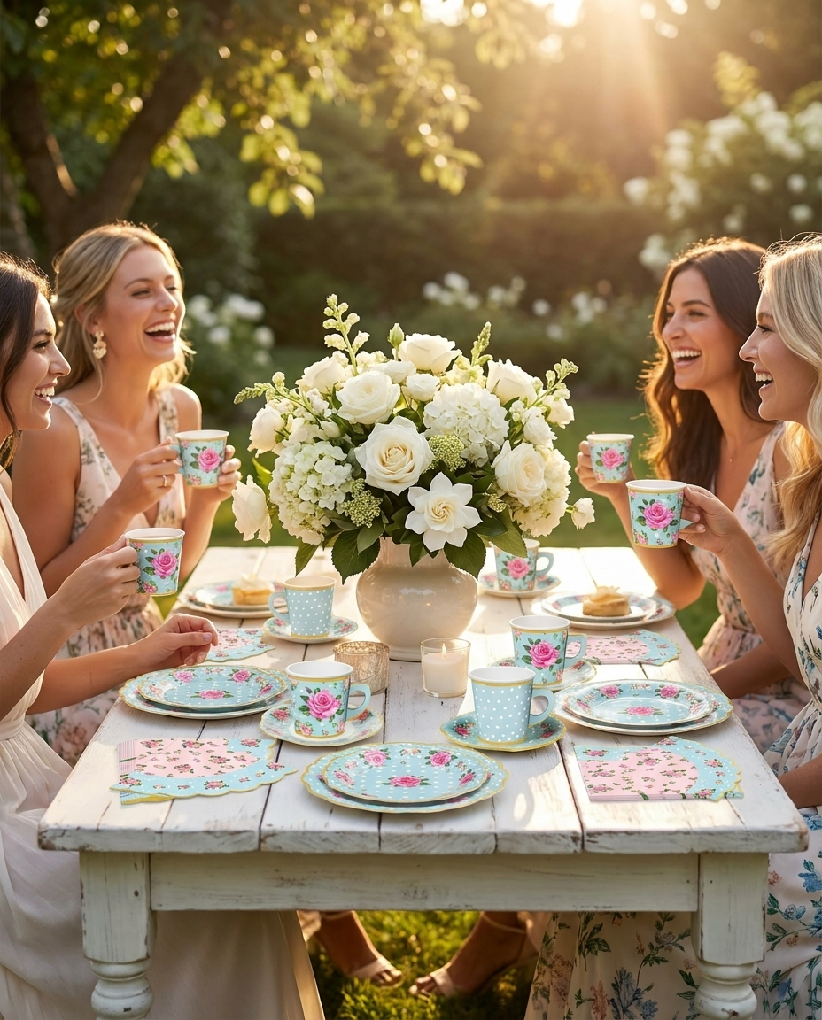 Bridal shower garden table with colorful floral paper tea cups and saucers, white flower centerpiece