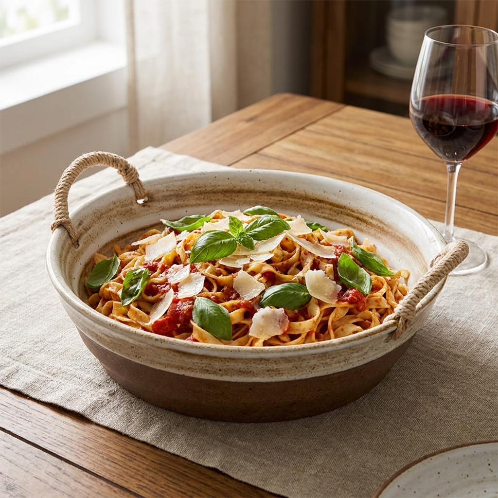 Hemp rope stoneware serving bowl filled with pasta and fresh basil on a linen placemat with a glass of wine