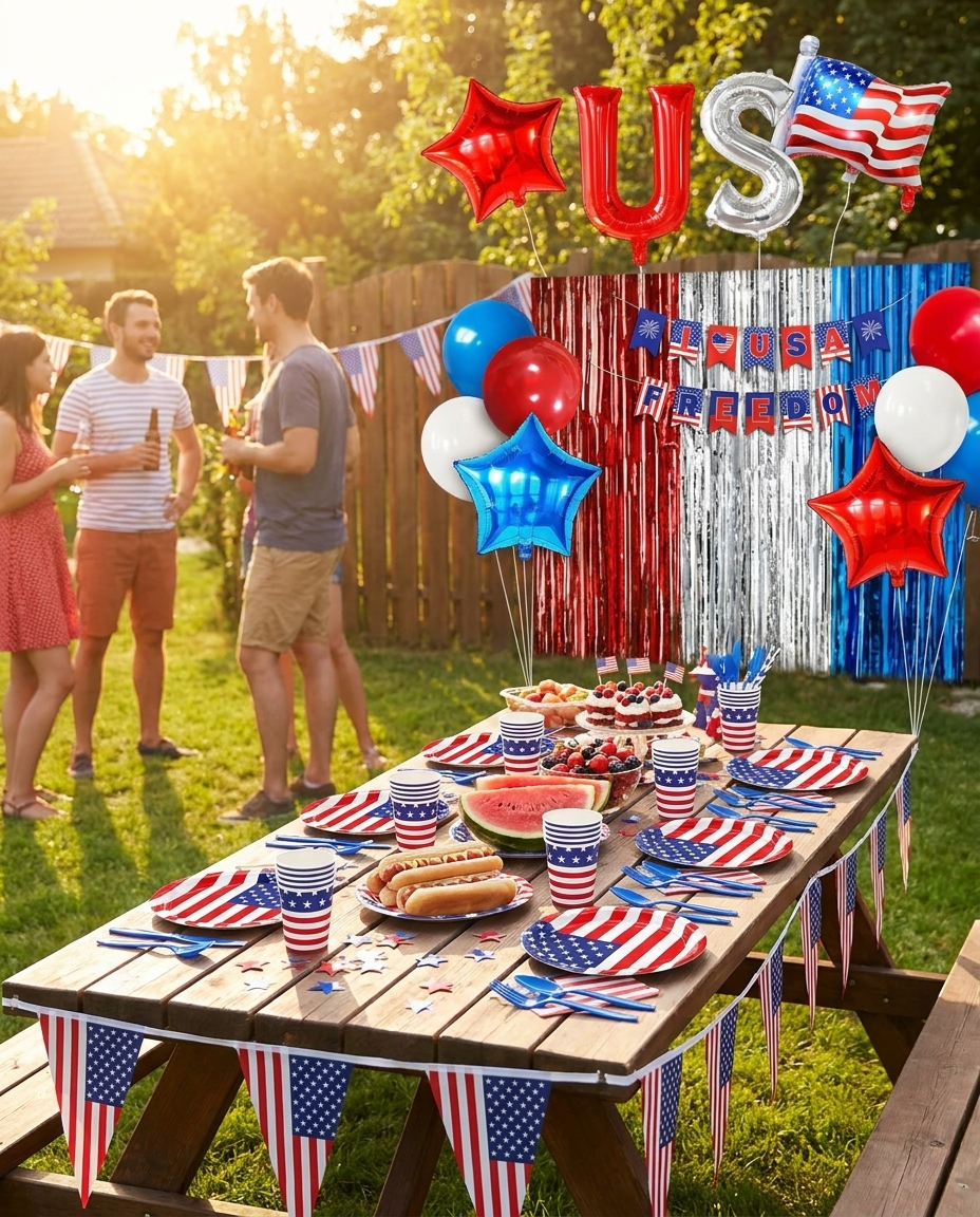 Festive 4th of July backyard party with patriotic paper plates and cups, USA balloons, American flag bunting