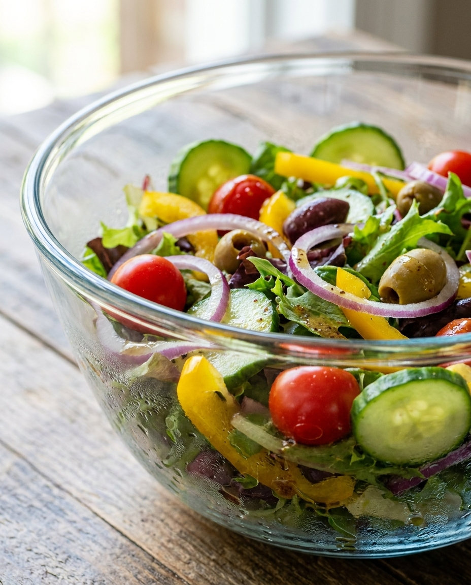 Close-up detail of glass salad bowl showing crystal clarity and curved rim with fresh salad
