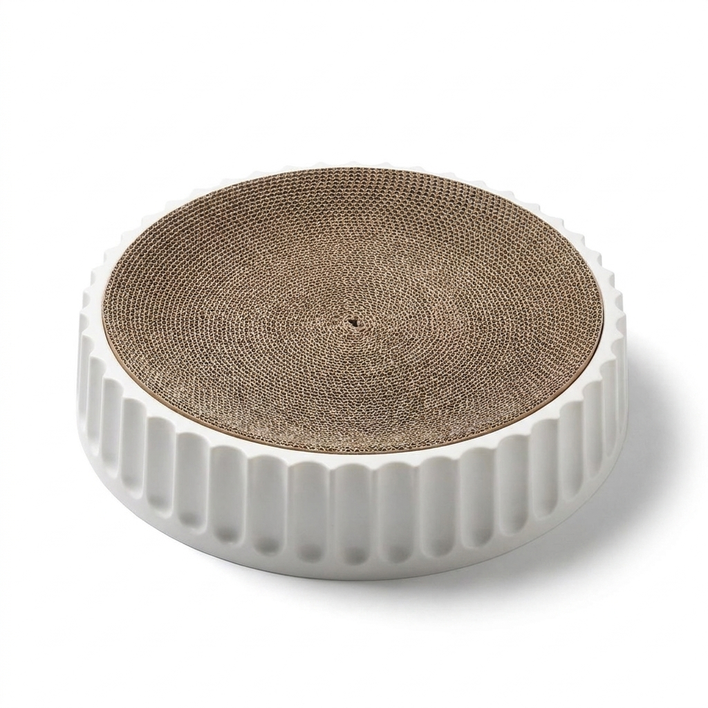Circular cardboard cat scratcher play station on white background — clean product shot showing compass swirl design