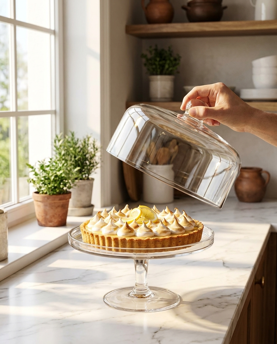 Glass cake stand with dome lid lifted, showing a fresh lemon tart in a kitchen setting with morning light
