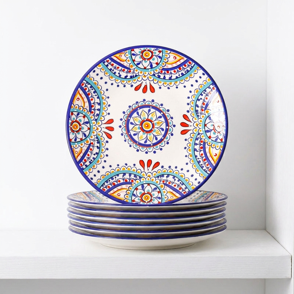 Stack of Mediterranean ceramic plates on white kitchen shelf showing floral pattern on rims