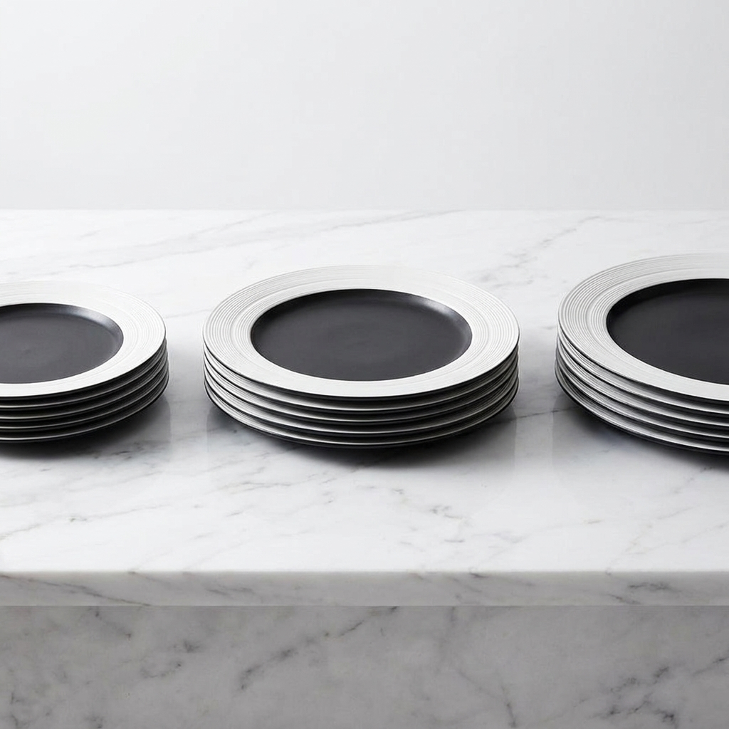 Three Equator porcelain plates in 8, 9.5 and 10 inch sizes stacked on white marble