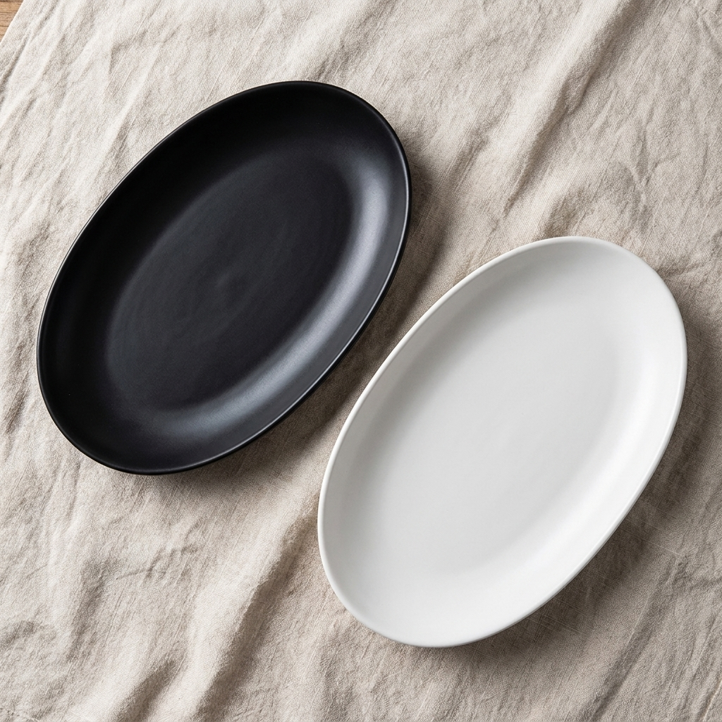 Two oval reactive-glaze porcelain serving platters with speckled charcoal-amber finish on linen cloth