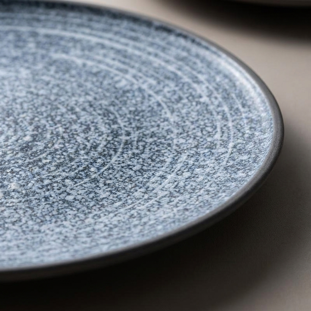 Close-up of hand-painted blue botanical pattern on Nordic white porcelain plate