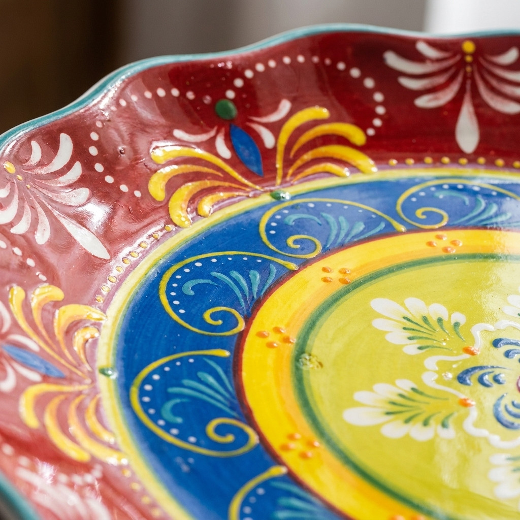 Close-up macro detail of vibrant hand-painted botanical motifs on ceramic plate
