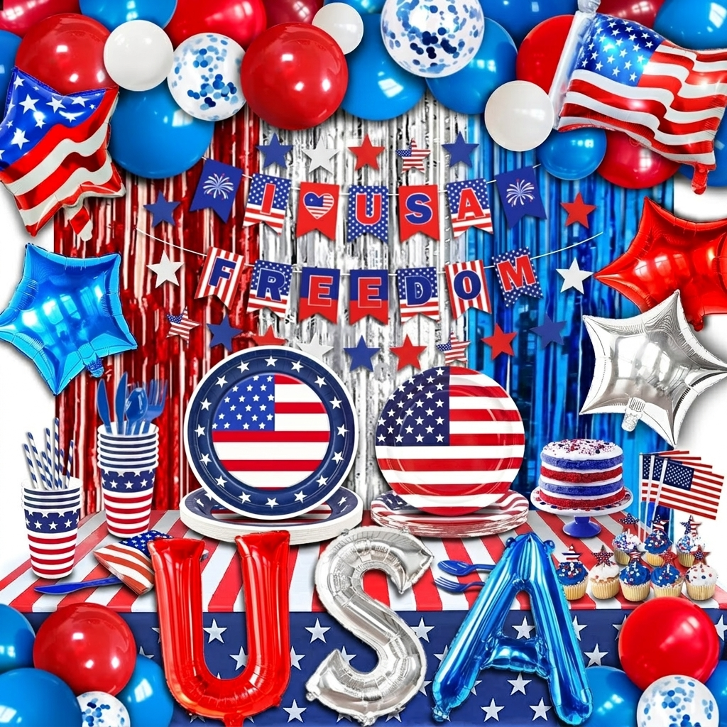 Overhead flat-lay of complete 272-piece 4th of July party kit contents — balloons, plates, cups, banner, confetti