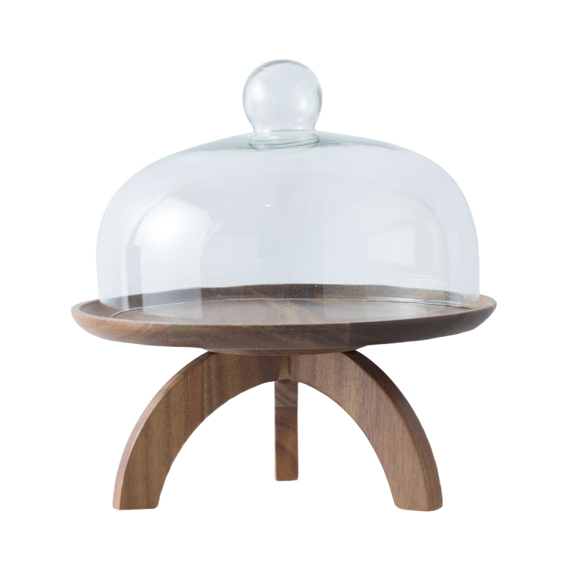Acacia wood cake stand with glass dome on white background — clean product shot