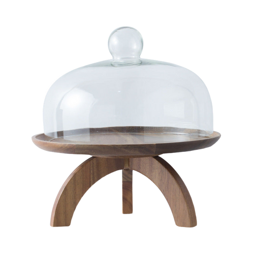 Acacia wood cake stand with glass dome on white background — clean product shot