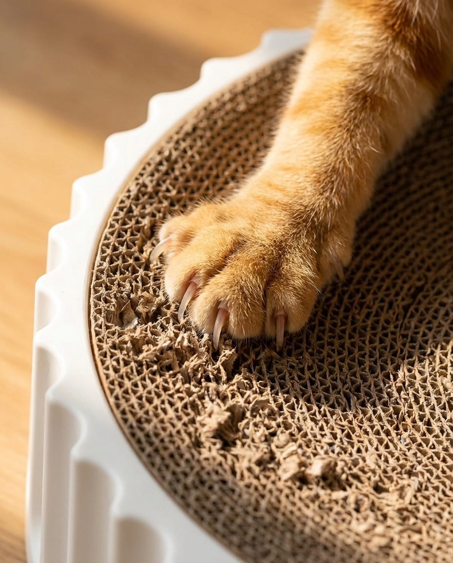 Cat paw scratching corrugated cardboard surface of circular cat scratcher — close-up detail