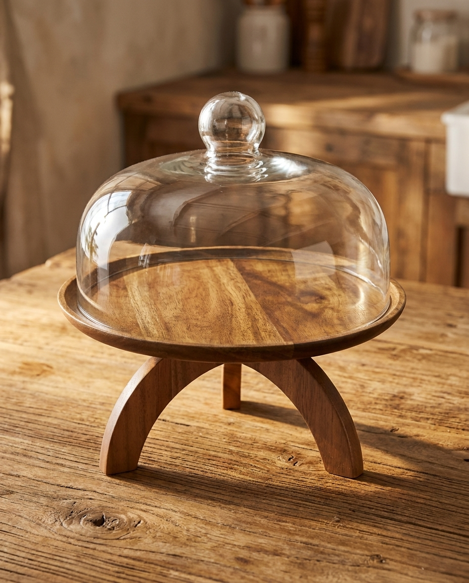 Acacia wood cake stand with glass dome at 45-degree angle showing natural wood grain detail