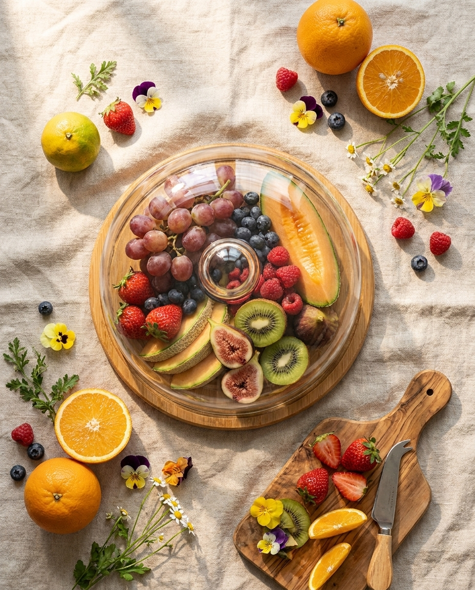 Glass dome fruit server overhead flat-lay view surrounded by fresh fruits on a linen cloth