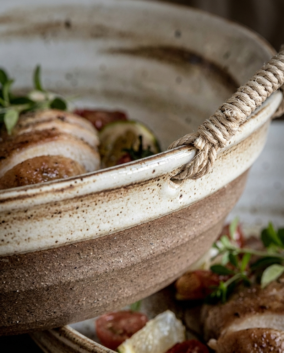 Close-up detail of stoneware serving plate showing speckled glaze texture and natural hemp rope handles