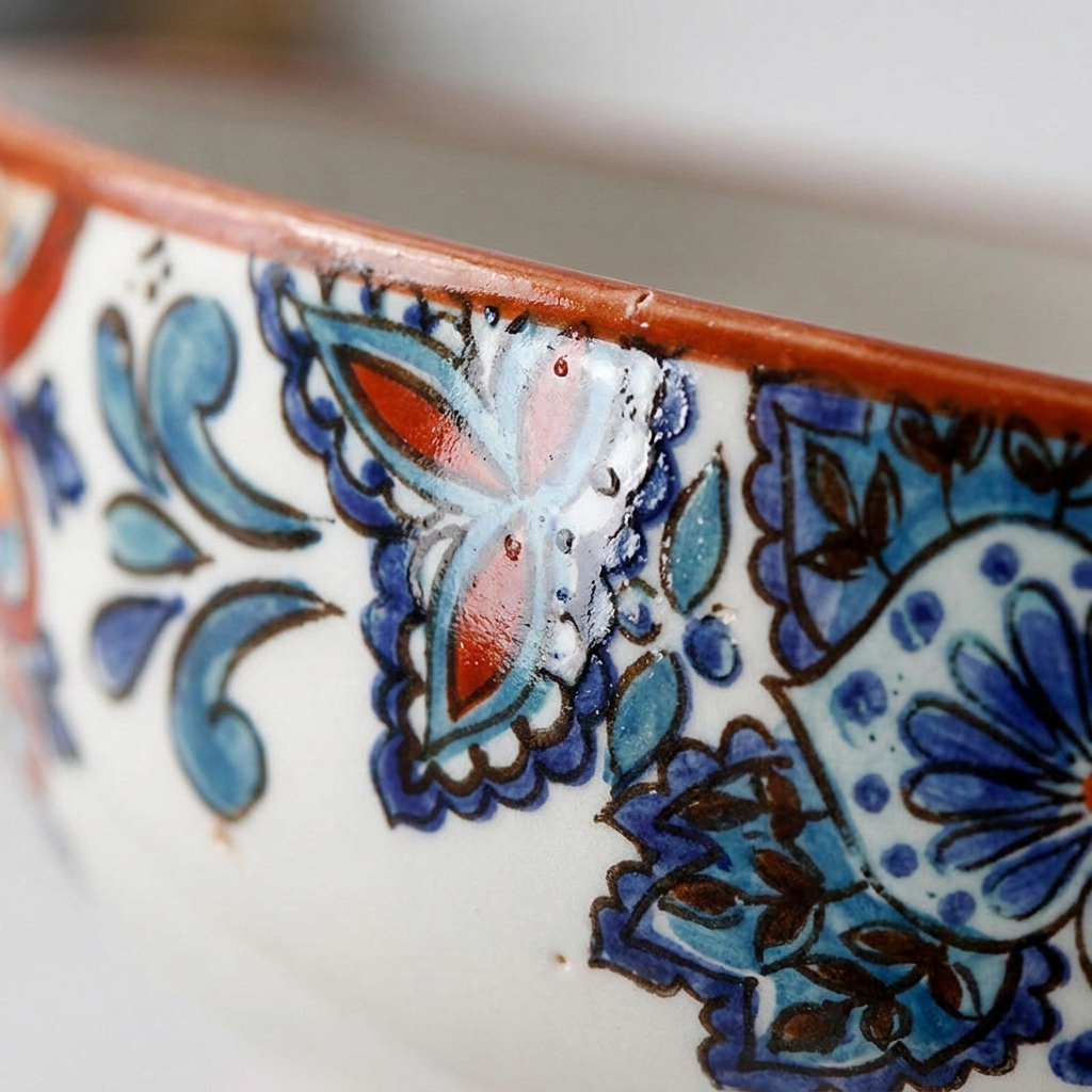 Close-up of hand-painted butterfly and flower motifs on underglaze ceramic plate