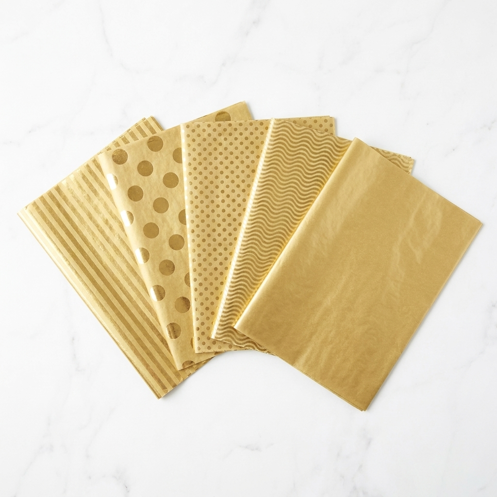 GoldLuxe 5 gold tissue paper designs fanned out flat-lay on white surface — stripes, big dots, small dots, waves, and solid gold patterns clearly visible