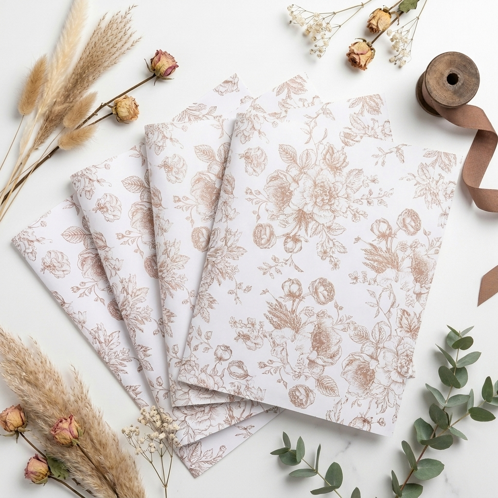 Floral Essence coffee vintage botanical wrapping paper sheets fanned on white marble showing full floral illustrations across multiple sheets