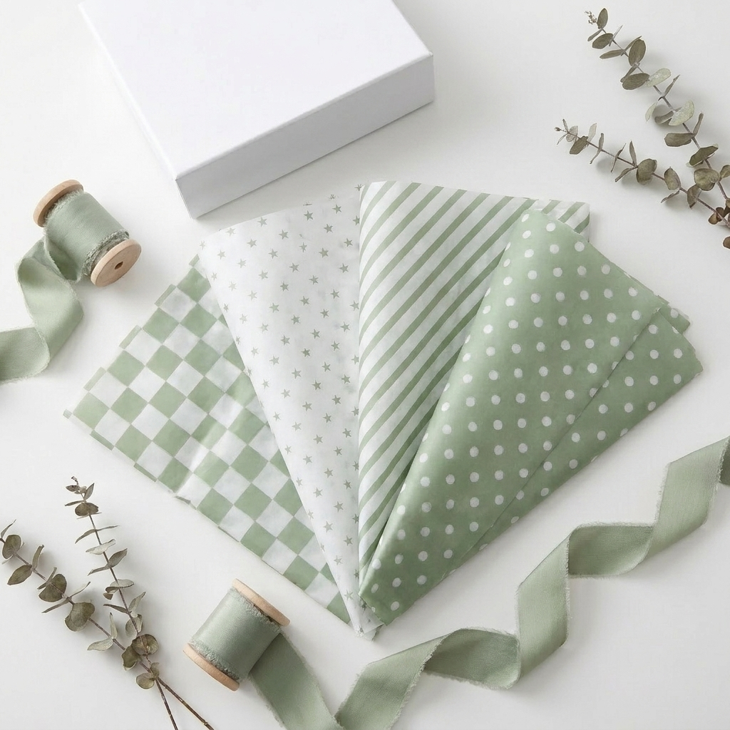 Meadow and Mist 4 sage green tissue paper patterns fanned in arc on white surface — checkered, star, stripe and dot clearly visible