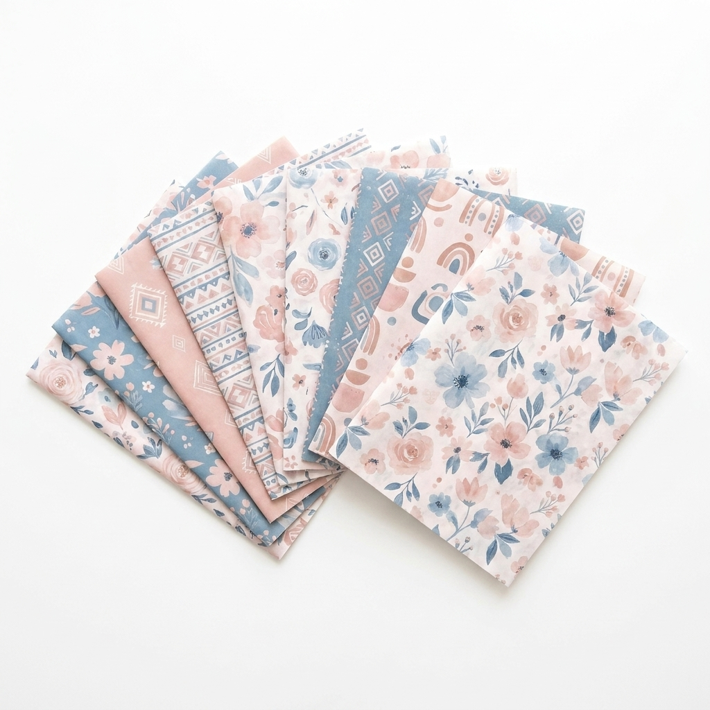 Boho Chic pink and blue tissue paper sheets fanned in wide arc showing all bohemian patterns — florals, geometric, abstract designs on white surface