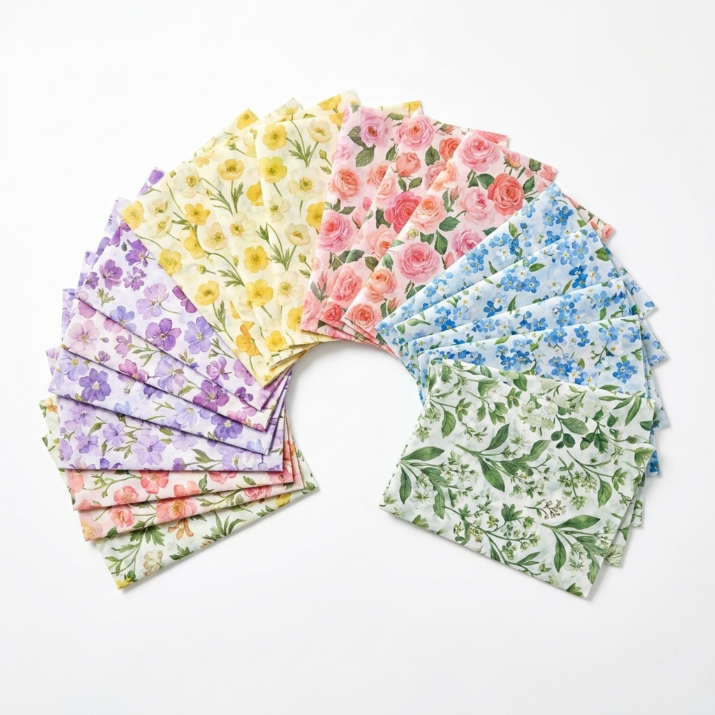 Bloom and Wrap 5 color floral tissue paper sheets fanned in colorful arc on white surface showing all distinct floral prints clearly