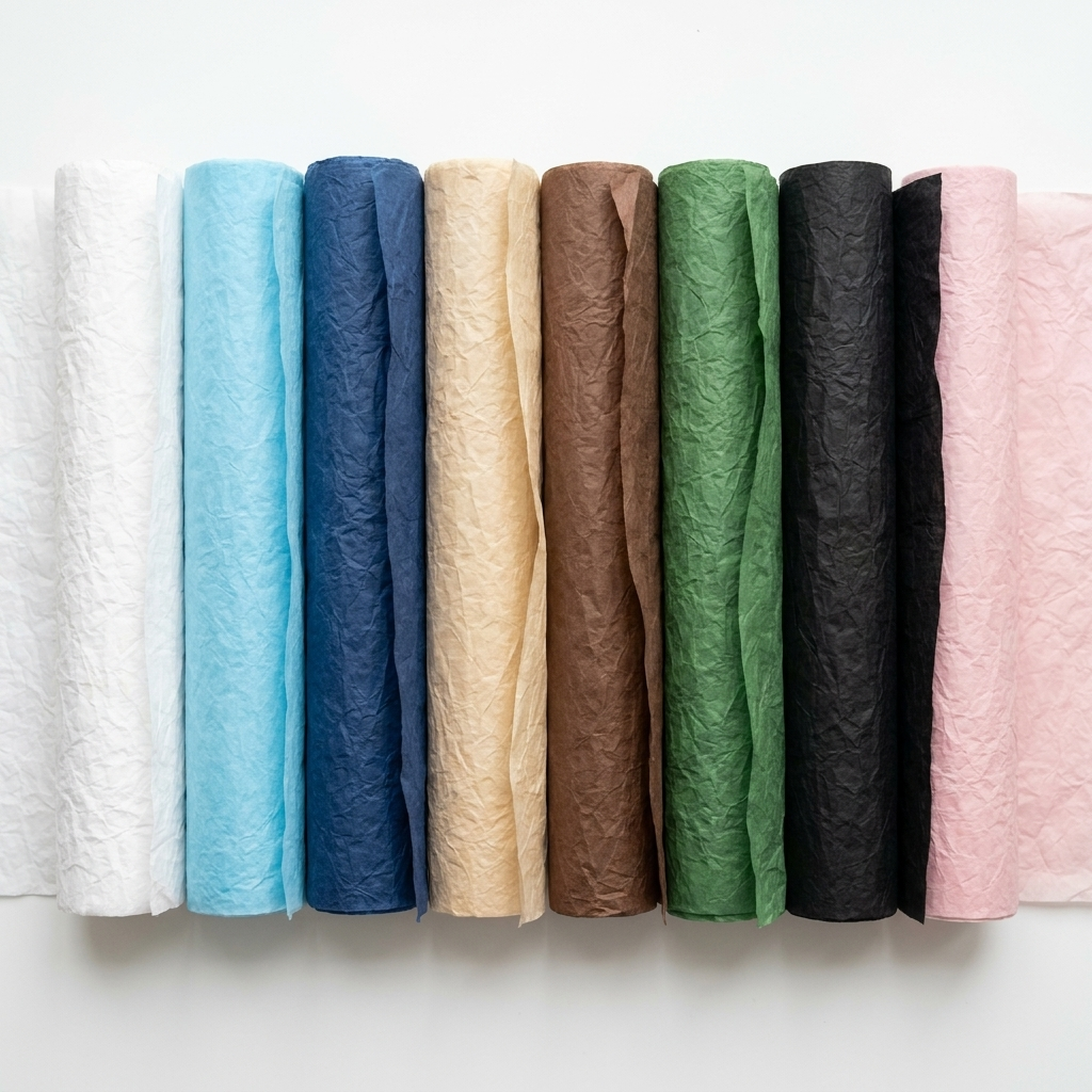 All 8 colors of Artisan Wrinkled wrapping paper rolls arranged side by side — white, sky blue, dark blue, champagne, coffee, green, black, light pink — showing wrinkled texture