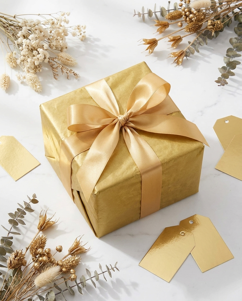 Elegant gift box wrapped in GoldLuxe gold tissue paper with gold ribbon bow and dried white florals on bright white surface