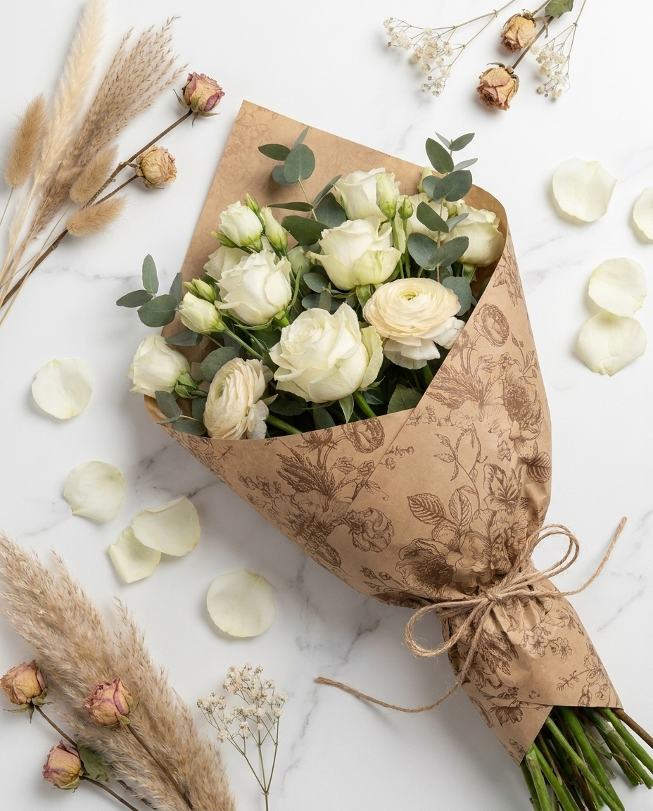 Fresh flower bouquet elegantly wrapped in Floral Essence coffee vintage botanical paper tied with twine on white marble with scattered petals
