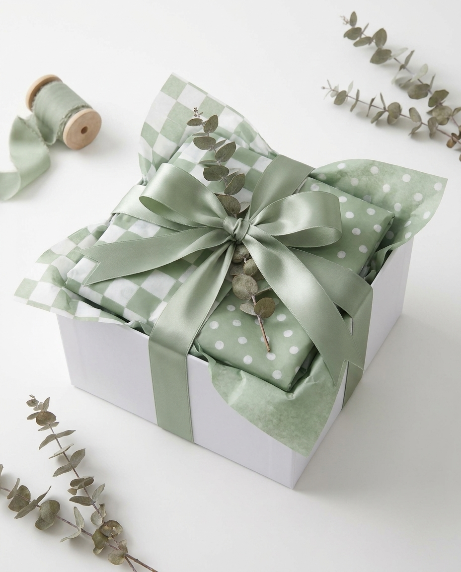 White gift box stuffed with Meadow and Mist sage green patterned tissue paper topped with sage satin bow and eucalyptus sprigs