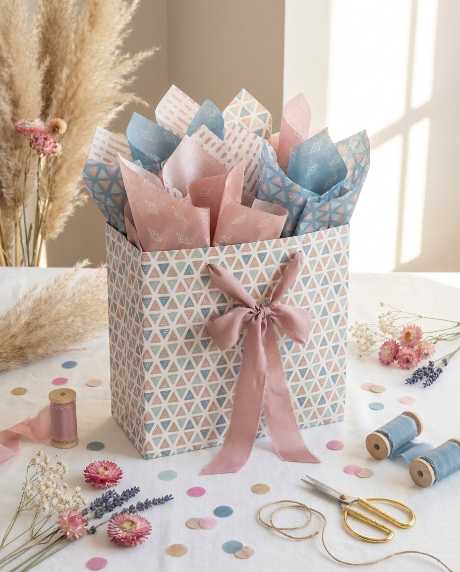 Gift bag overflowing with Boho Chic pink and blue patterned tissue blooms tied with dusty pink ribbon surrounded by pampas grass and wildflowers