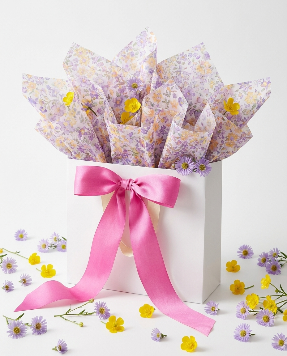 Colorful gift bag overflowing with Bloom and Wrap floral tissue paper in vibrant colors blooming like a bouquet with pink ribbon and fresh flowers