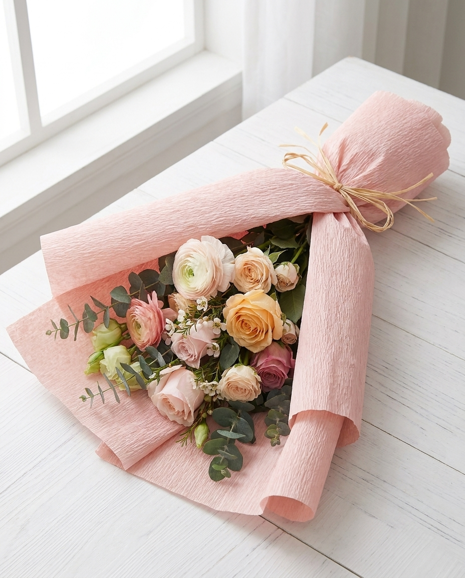 Lush bouquet of roses and eucalyptus elegantly wrapped in Artisan Wrinkled light pink paper tied with raffia ribbon on white wood surface