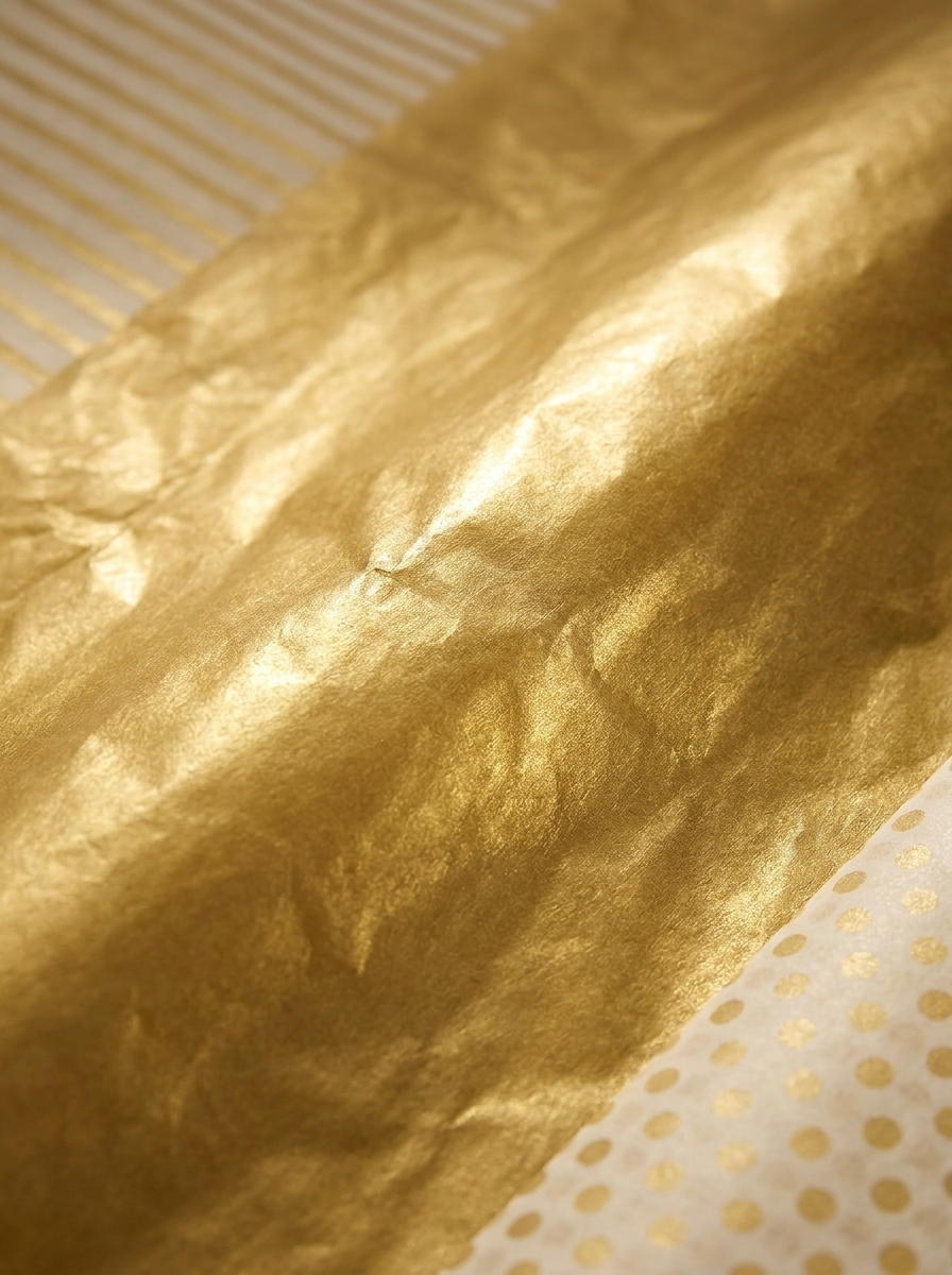 Close-up macro of GoldLuxe premium gold tissue paper surface showing metallic shimmer, stripe and dot patterns in warm studio lighting