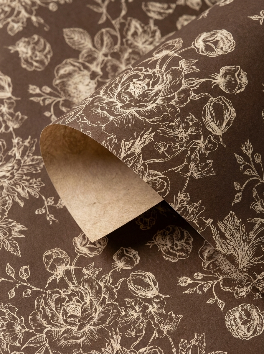 Close-up macro of Floral Essence wrapping paper showing intricate coffee vintage botanical illustrations in rich detail