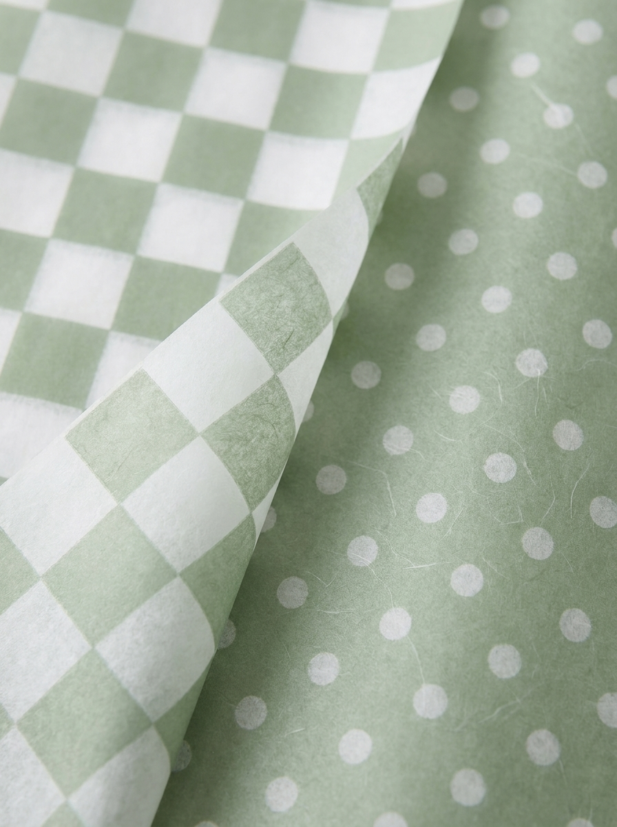 Close-up macro of Meadow and Mist sage green tissue paper showing checkered and dot patterns with fine paper texture detail