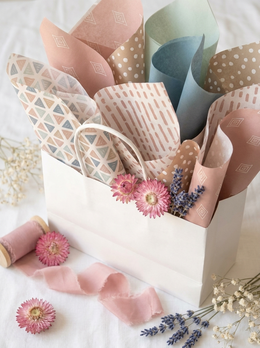 Close-up of Boho Chic pink and blue tissue paper spilling from white gift bag with boho patterns visible, dried flowers and pink ribbon