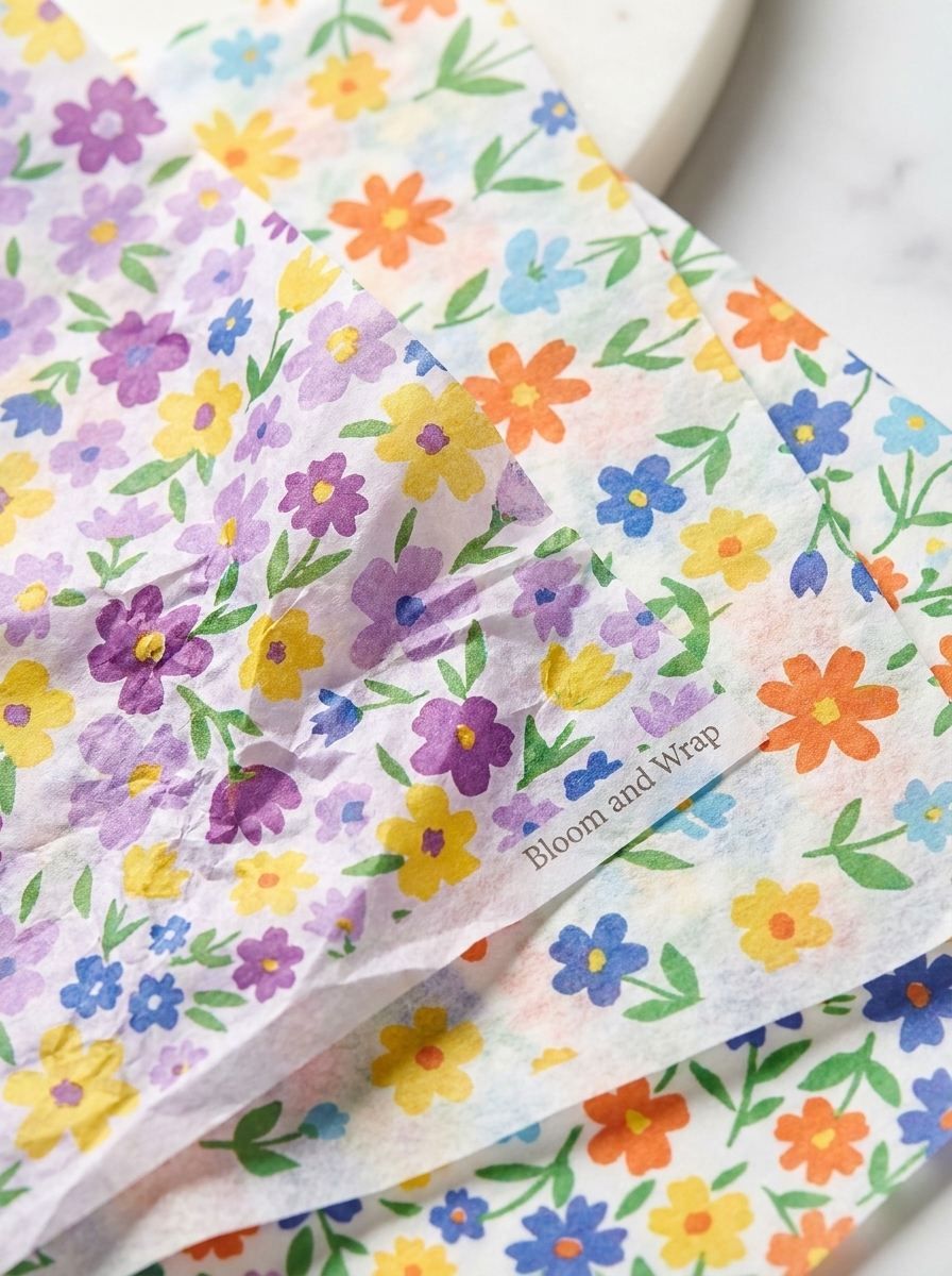 Close-up macro of overlapping Bloom and Wrap floral tissue paper sheets showing vibrant colorful flower prints and fine tissue texture