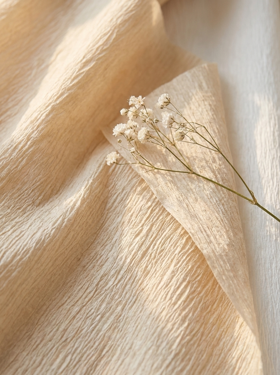 Close-up macro of Artisan Wrinkled wrapping paper surface showing distinctive organic wrinkled texture with champagne tones and baby's breath stem