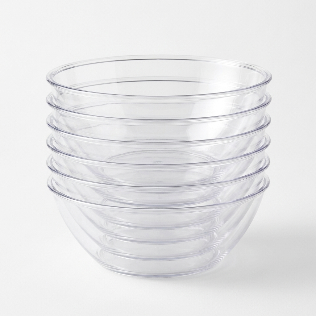 Set of 6 clear plastic 96oz serving bowls stacked and nested together — product-only white background shot showing the complete set